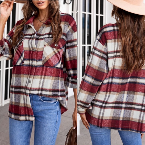 GEOMETRIC Plaid Print Pocketed Shirt - Picture 1 of 2